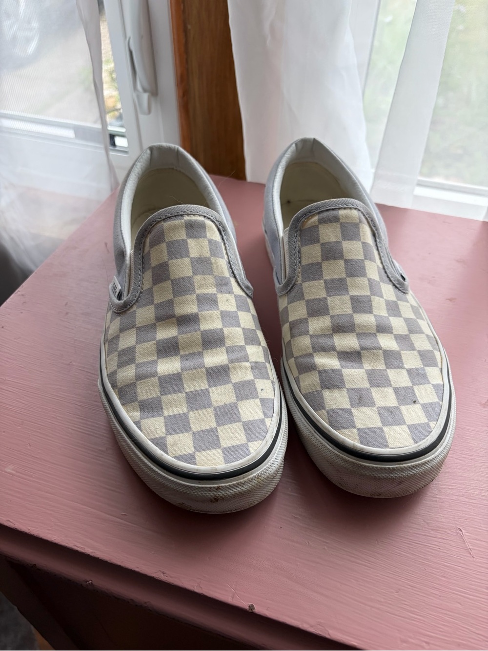 Checkerboard Slip-On Vans in Cream and Light Purple